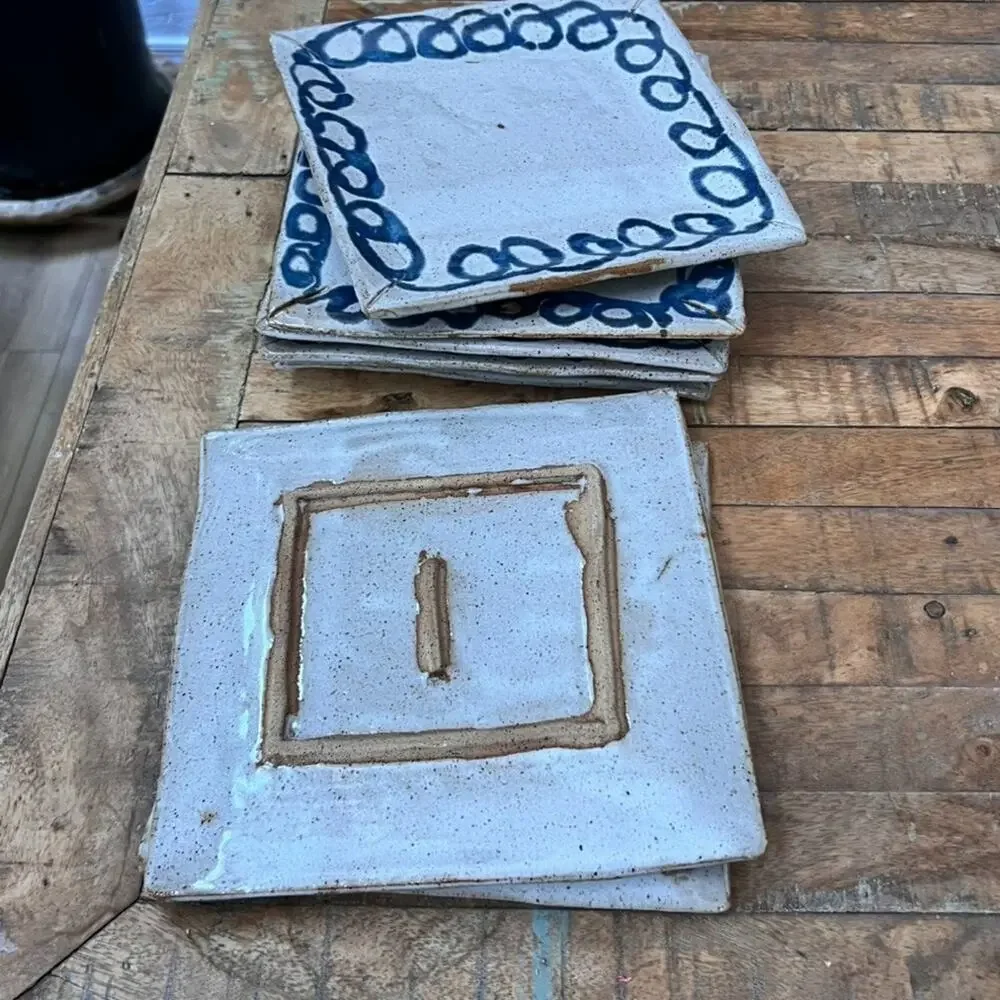 7 Art Studio Pottery Square Plates 9x9 in Blue Swirl Edge Rustic Speckled Rustic